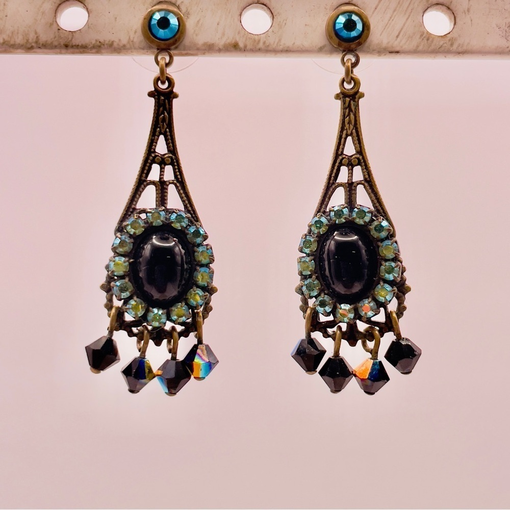 Vintage Black Crystal Dangle Earrings with Filigree & Rhinestones